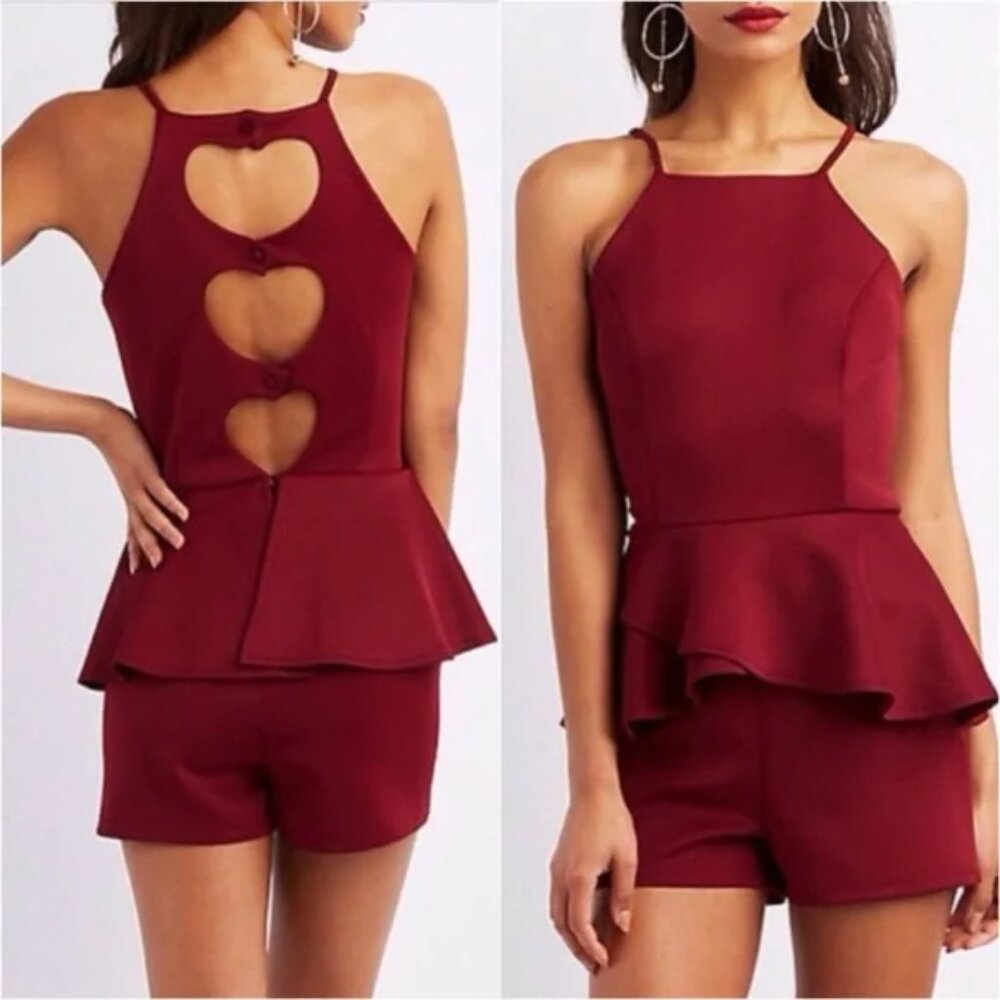 Charlotte Russe Red Heart Cut-Out Back Ruffle Romper